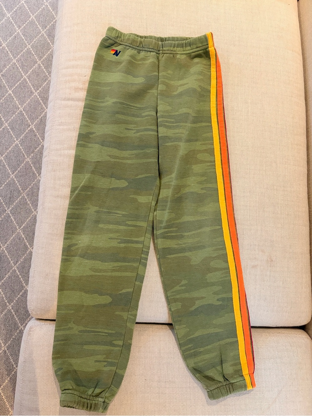 Aviator Nation Kids Green Camo Sweatpants with Orange & Yellow Side Stripes 14